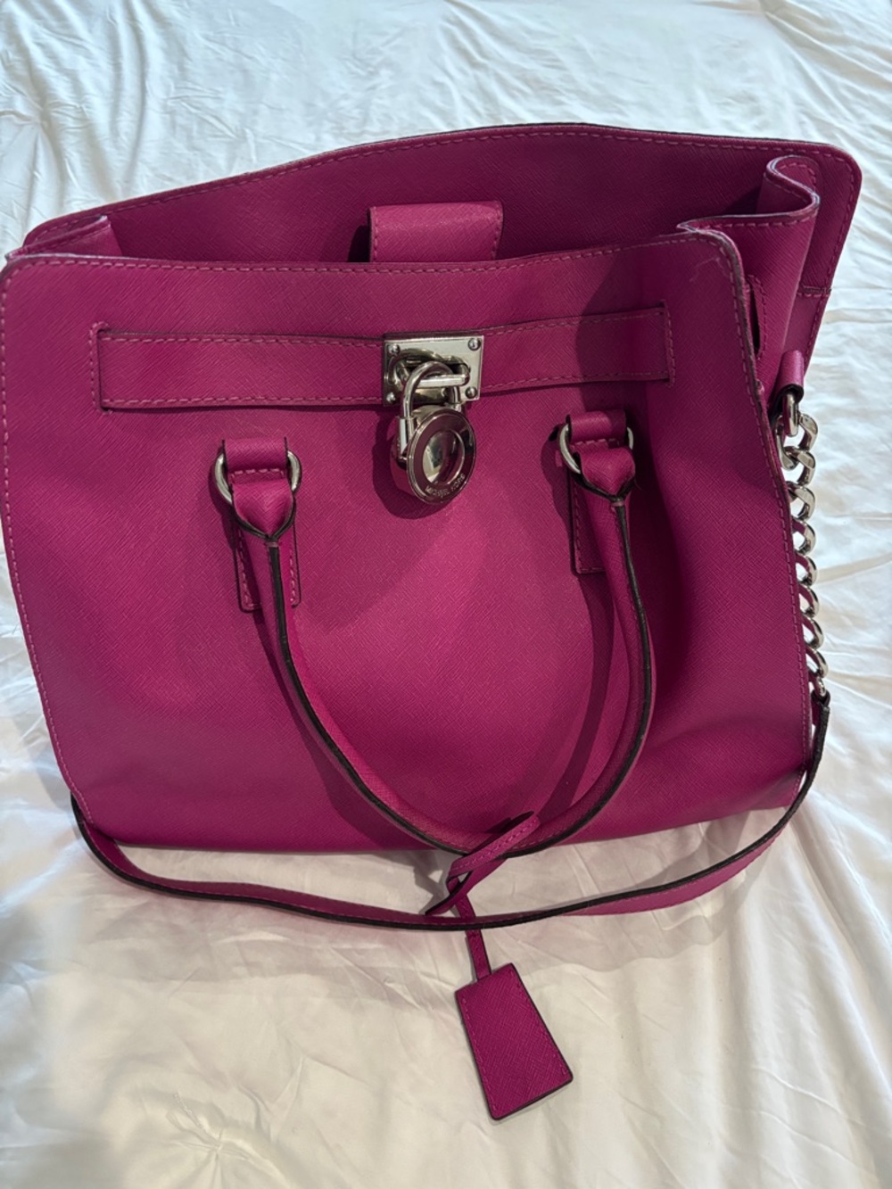 Michael Kors Hot Pink Saffiano Tote with Chain Accent